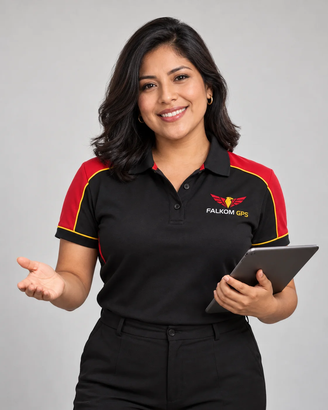 Alma, personaje virtual de FALKOM GPS, con uniforme negro, rojo y amarillo